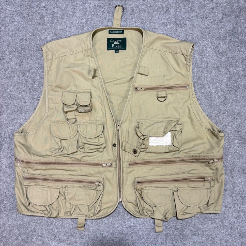 Crystal River Mens XL Khaki Fishing Vest Multi Pocket Utility Fly Fishing Vest